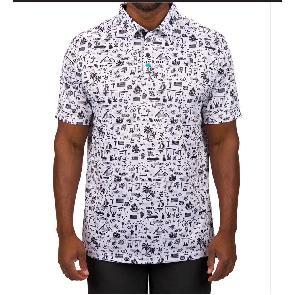 Black Clover‎ Vacation Nation Golf Polo Size Small Black White Palm